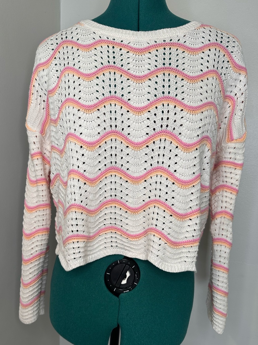 Sincerely Jules White Knit Sweater with Pink & Peach Wave Stripes